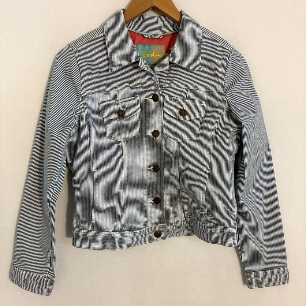 Boden Hickory Striped Jacket Women's 8 Railroad Flap Pocket Nautical Preppy Ivy